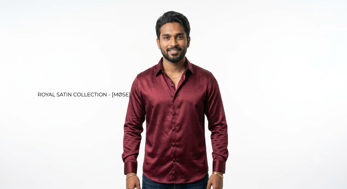 Man wearing MØSE Royal Satin Shirt in deep maroon from the Royal Satin Collection