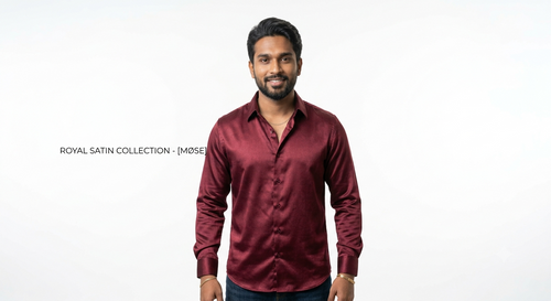 Man wearing MØSE Royal Satin Shirt in deep maroon from the Royal Satin Collection